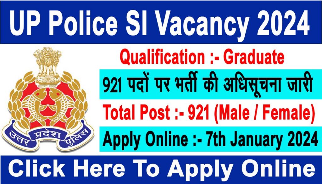 UP Police SI Vacancy 2024, Apply Online I Confidential, Clerk & Accounts Cadre 921 Post 2 UP Police SI Vacancy 2024